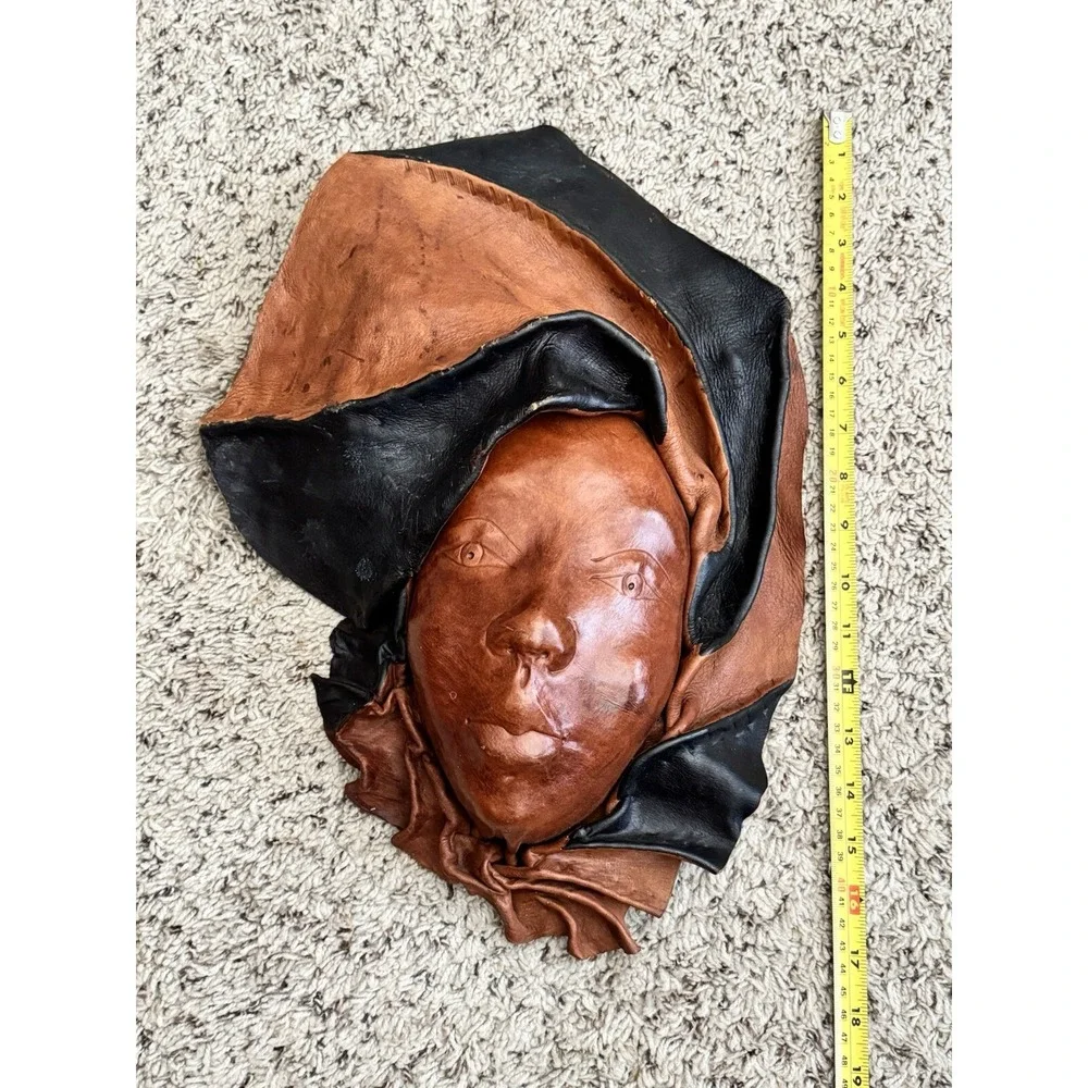Vintage Africa Tribal‎ Leather Face Mask Hand Sculptured Decorative Wall Art
